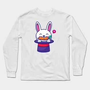 Cute Rabbit Eating Carrot In Magician Hat Cartoon Long Sleeve T-Shirt